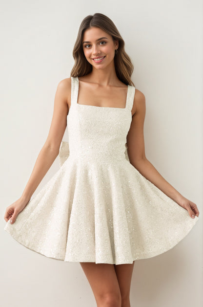 Pink Sequin Square Neck A-Line Homecoming Dress with Bow Customized