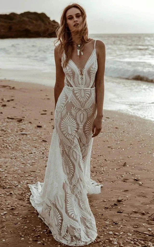 Beach Floral Mermaid V-Back Boho Lace Wedding Dress with Sweep Train Customized