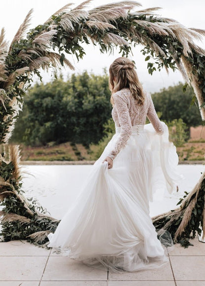 Lace Beading Long Sleeves A-Line Pleated Tulle Wedding Dresses Customized