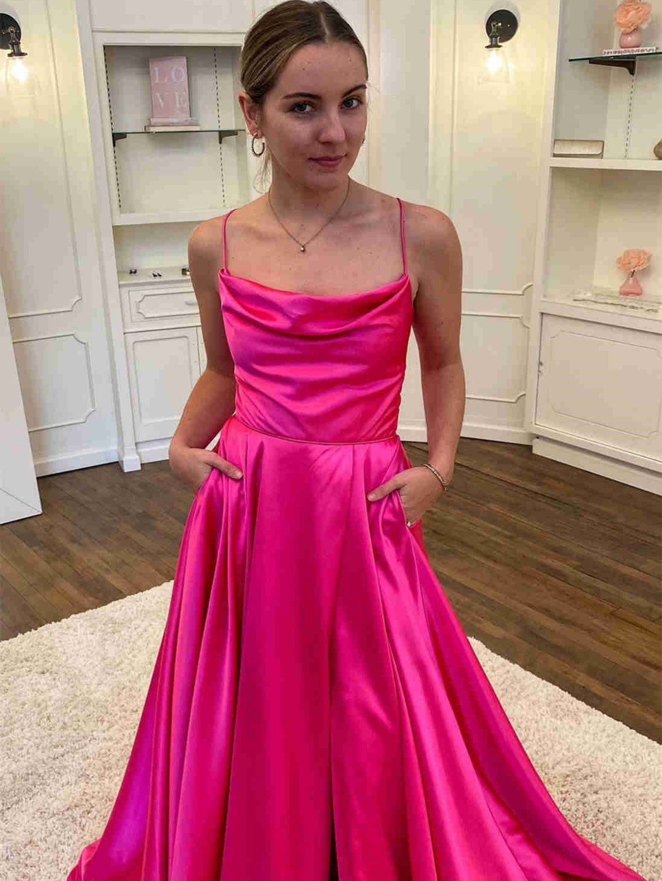 Roycebridal Araya |A Line Cowl Neck Satin Prom Dress With Slit