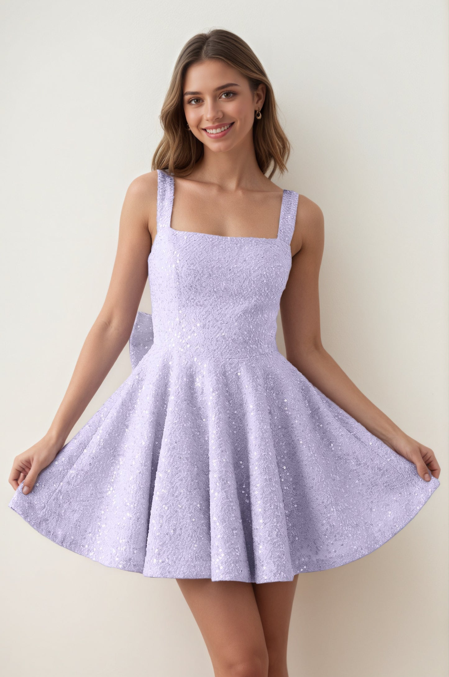 Pink Sequin Square Neck A-Line Homecoming Dress with Bow Customized