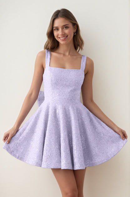Pink Sequin Square Neck A-Line Homecoming Dress with Bow Customized