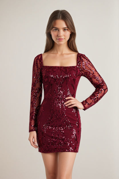 Royal Blue Square Neck Long Sleeves Sequins Sheath Mini/Short Homecoming Dresses Customized