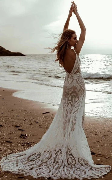 Beach Floral Mermaid V-Back Boho Lace Wedding Dress with Sweep Train Customized