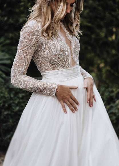 Lace Beading Long Sleeves A-Line Pleated Tulle Wedding Dresses Customized