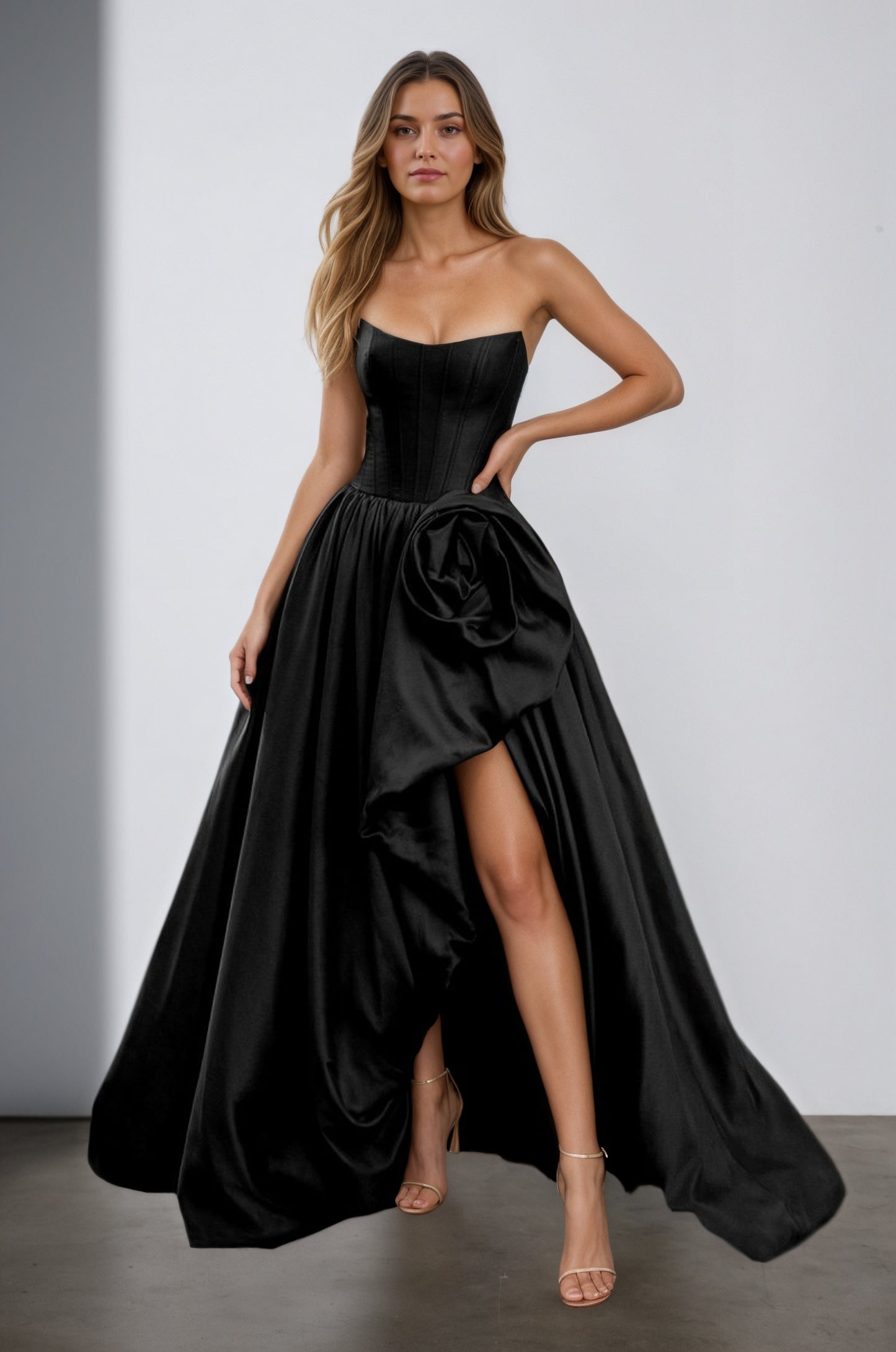 Red Strapless Neck A Line Satin Long Prom Dress With Floral Customized
