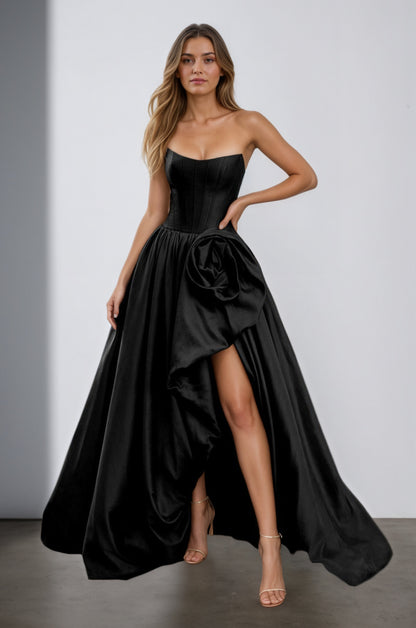 Red Strapless Neck A Line Satin Long Prom Dress With Floral Customized