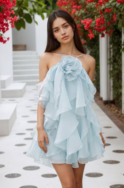 Coral Pink Ruffled Chiffon Halter Asymmetrical A-Line Homecoming Dress Customized