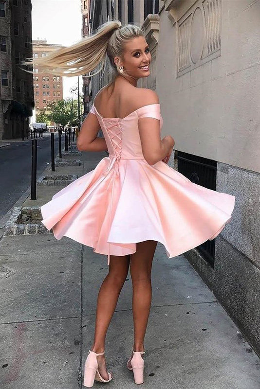 Roycebridal Simple Short Prom Dresses A-Line Satin Off-Shoulder Homecoming Dresses