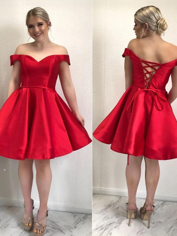 Roycebridal Simple Short Prom Dresses A-Line Satin Off-Shoulder Homecoming Dresses