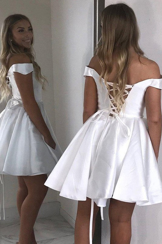 Roycebridal Simple Short Prom Dresses A-Line Satin Off-Shoulder Homecoming Dresses