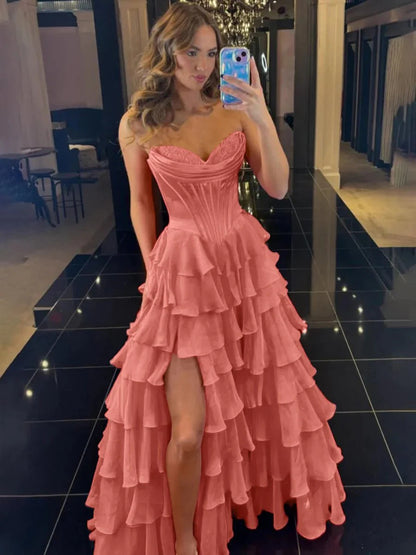 Split Strapless Ruffle Long A Line Prom Dress