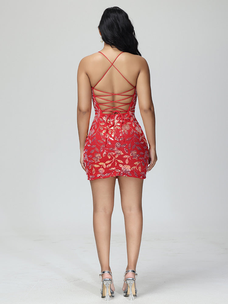 Etuikleid mit V-Ausschnitt und Schnürung, Mini-Spitze, Heimkehrkleid