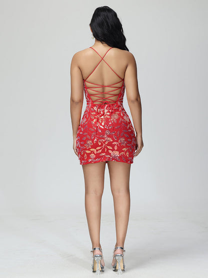Etuikleid mit V-Ausschnitt und Schnürung, Mini-Spitze, Heimkehrkleid