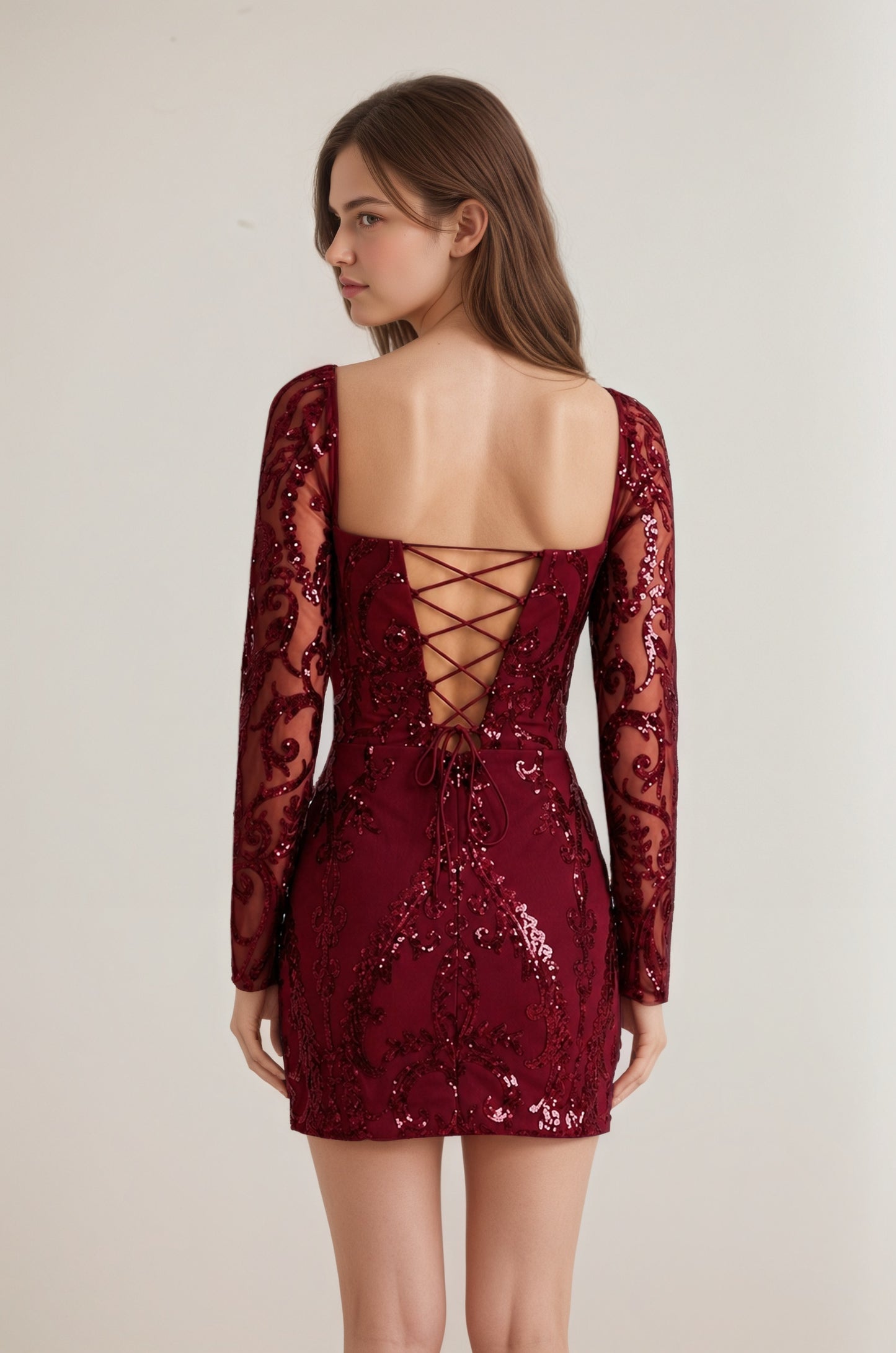 Royal Blue Square Neck Long Sleeves Sequins Sheath Mini/Short Homecoming Dresses Customized