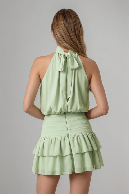 Candy Pink Halter Chiffon Tiered Ruffled A-Line Mini Homecoming Dress Customized