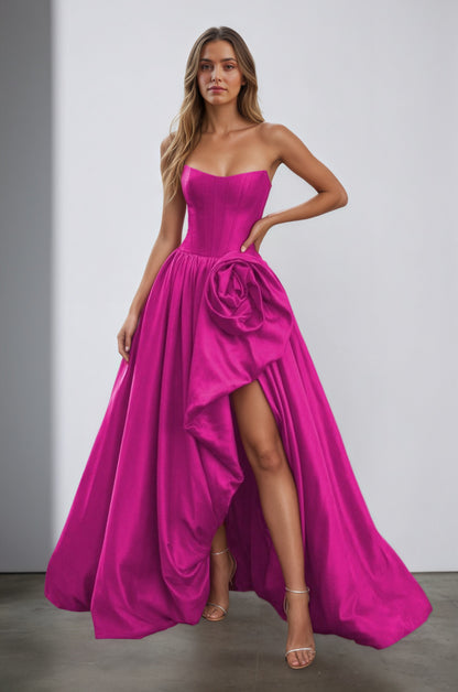 Red Strapless Neck A Line Satin Long Prom Dress With Floral Customized