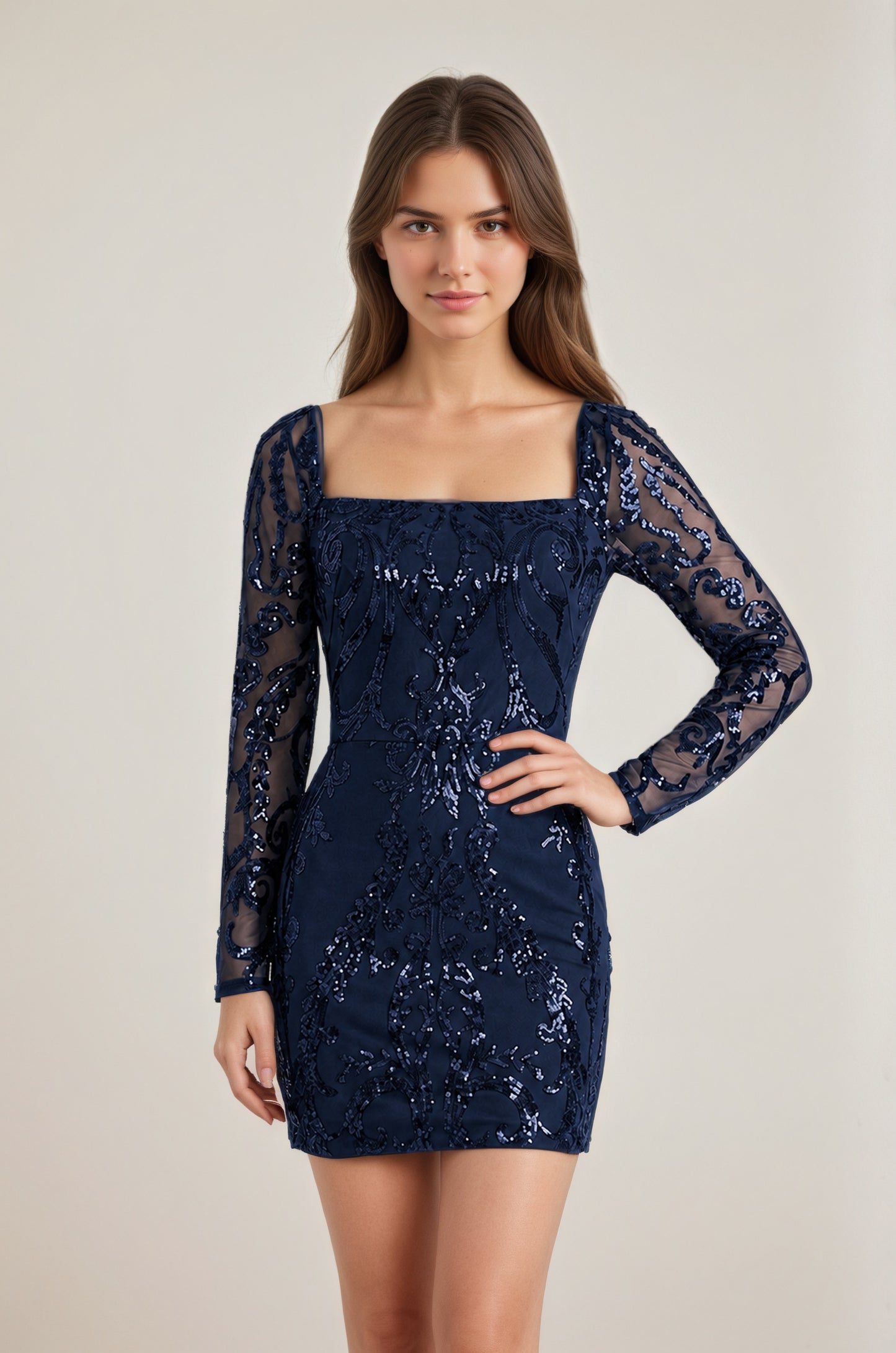Royal Blue Square Neck Long Sleeves Sequins Sheath Mini/Short Homecoming Dresses Customized