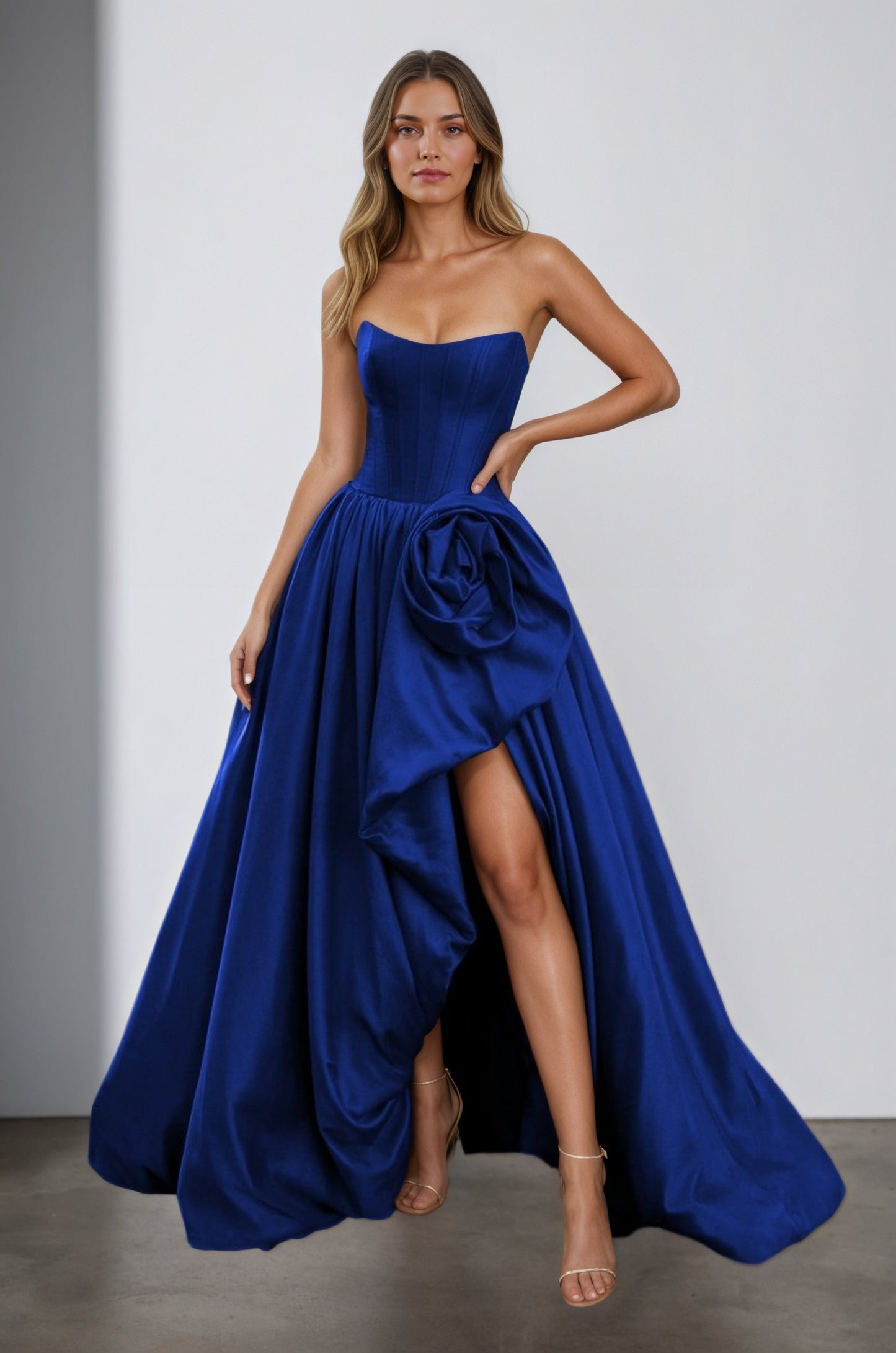 Red Strapless Neck A Line Satin Long Prom Dress With Floral Customized
