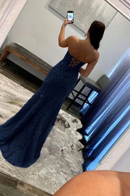 Slit Strapless Corset Lace Mermaid Prom Dress