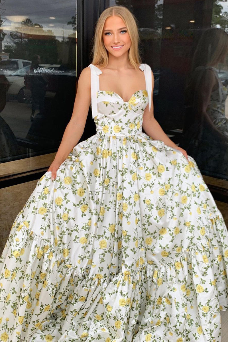 Roycebridal A-Line Sweetheart Floral Printed Satin Long Prom Dresses