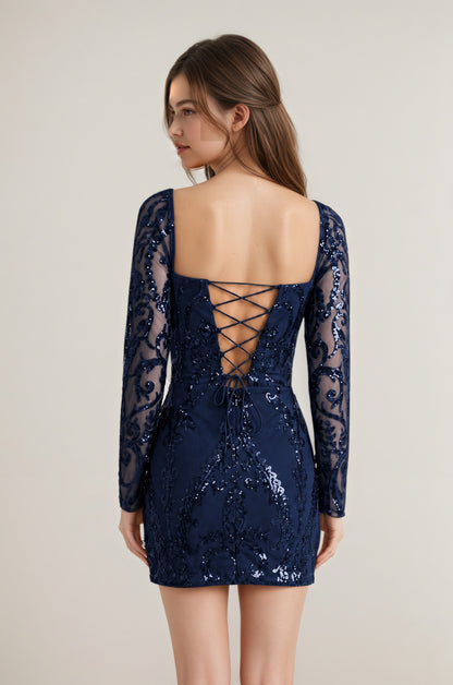 Royal Blue Square Neck Long Sleeves Sequins Sheath Mini/Short Homecoming Dresses Customized