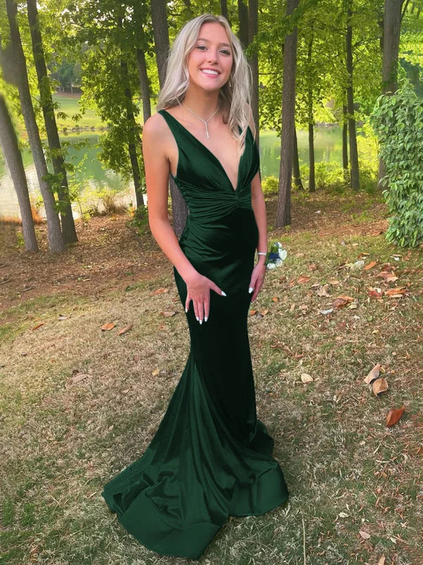 Plunge Blue Satin Ruched Mermaid Prom Dress