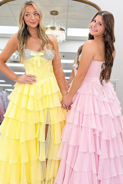 Pink Sweetheart Chiffon Ruffled Beading Long Formal A Line Prom Dress