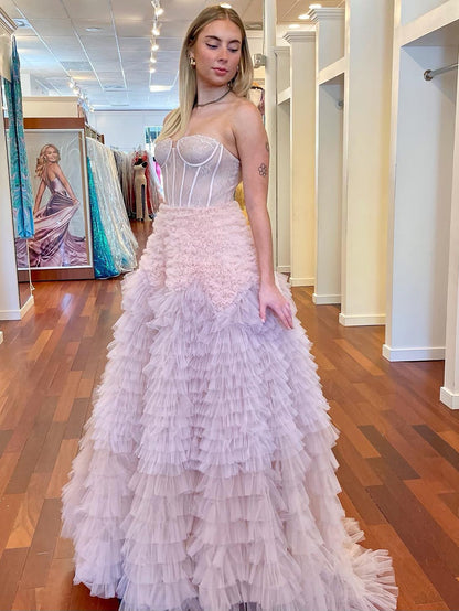 Roycebridal Kaia |A Line Sweetheart Tiered Ruffled Tulle Long Prom Dress