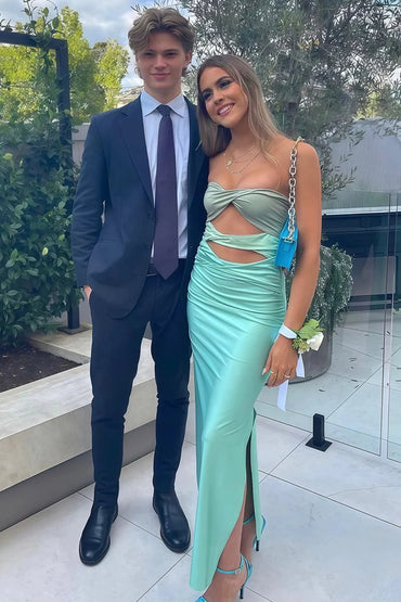 Aqua Strapless Sheath Satin With Cutout Mermaid Prom Dress