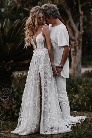 Ivory Boho A-Line Lace Wedding Dress with Appliques Customized
