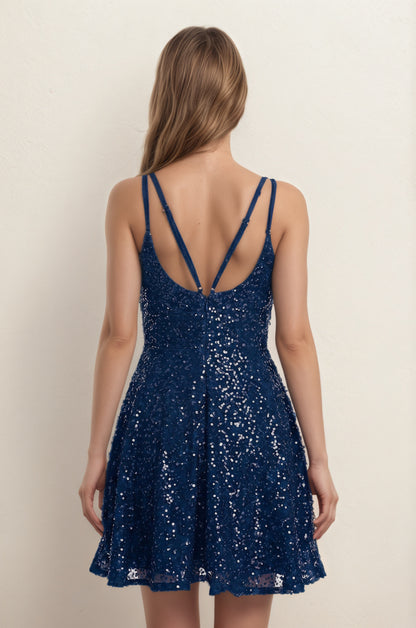 Red A-Line V Neck Sequined Short Homecoming Dresses Customized