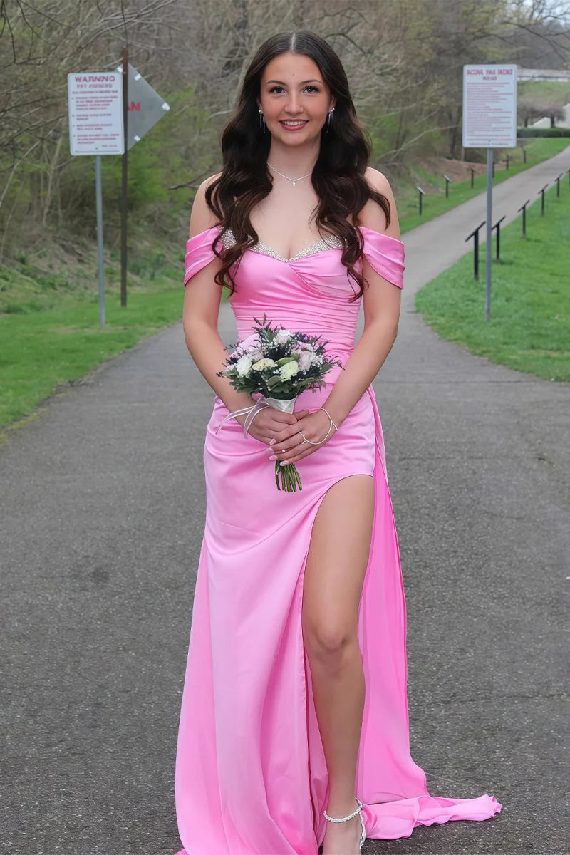 Pink Slit Off The Shoulder Satin Beaded Long Mermaid Prom Dress
