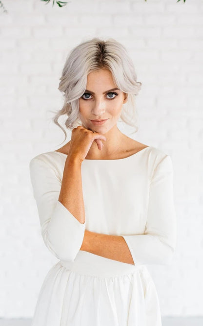 Ivory Simple Long Sleeve Open Back Satin A-Line Wedding Dress Customized