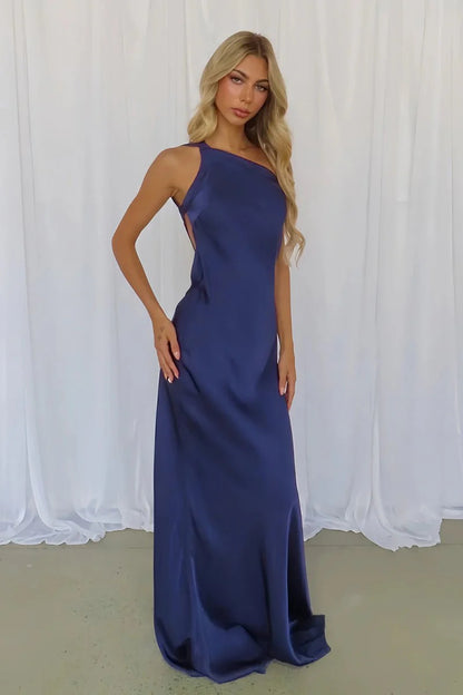 Navy Blue One Shoulder Sheath Satin Backless Long Mermaid Prom Dress