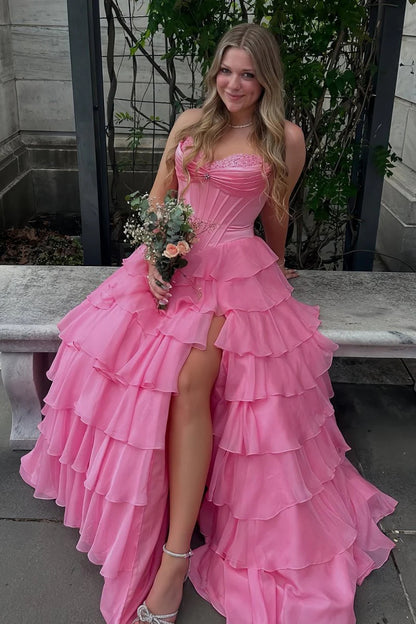 Pink Sweetheart Chiffon Ruffled With Beading Long Formal A Line Prom Dress