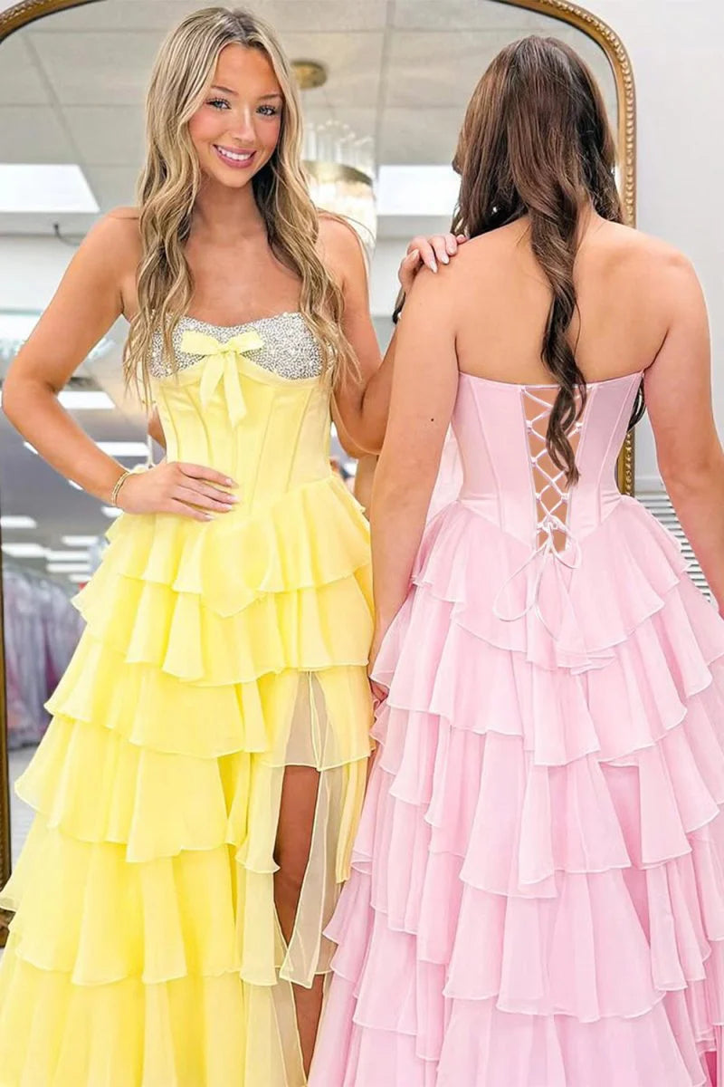 Pink Sweetheart Chiffon Ruffled Beading Long Formal A Line Prom Dress