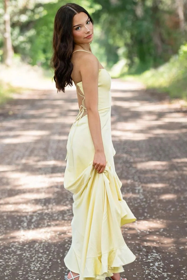 Yellow Spaghetti Straps Satin Formal Mermaid Prom Dress