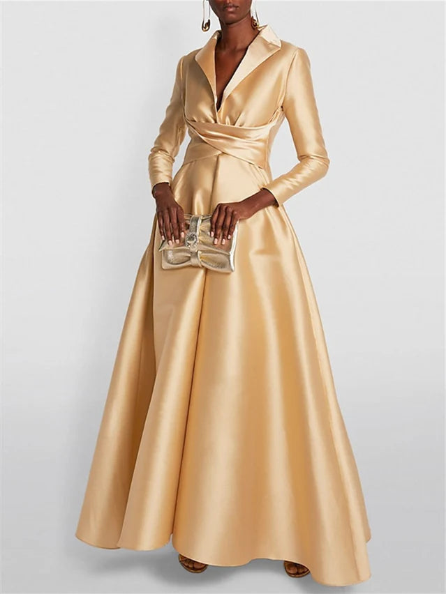 Long Sleeves V Neck Floor-length A Line Evening Dress