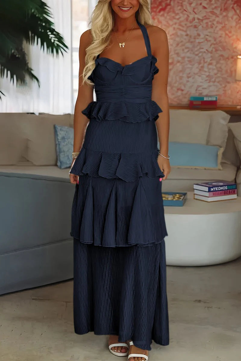 Sky Blue Halter Sheath Pleated Ruffles Chiffon Long Mermaid Prom Dress