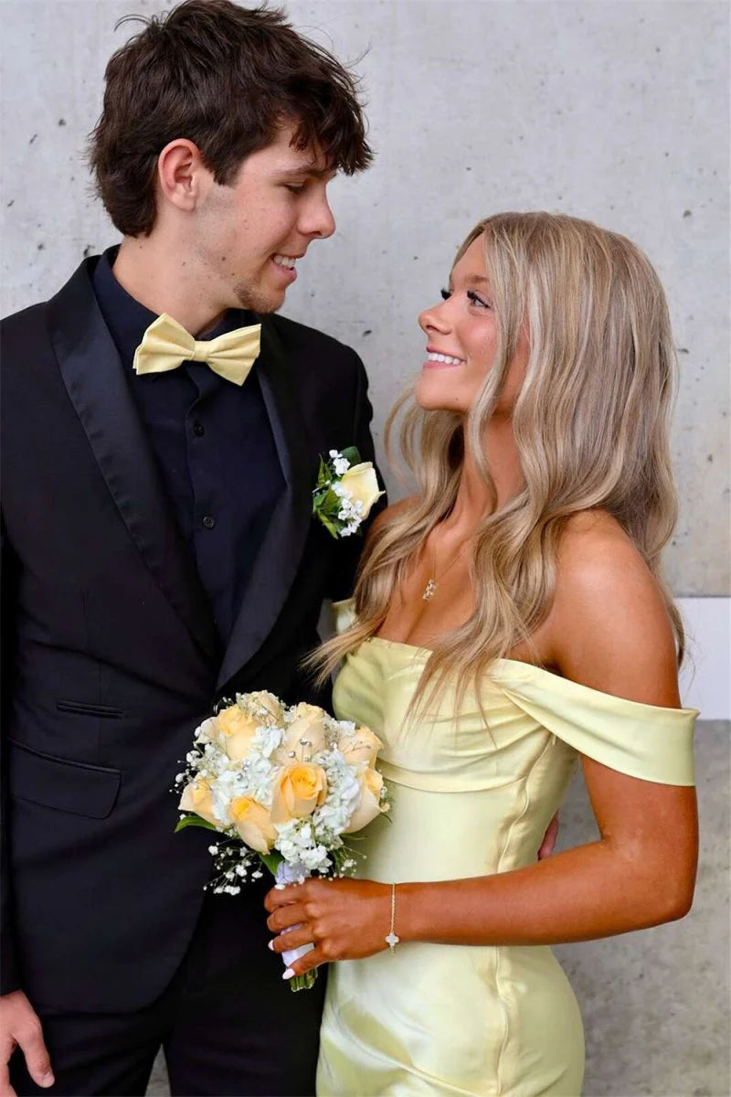 Yellow Off The Shoulder Sheath Satin Long Mermaid Prom Dress