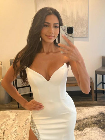 Roycebridal White Strapless V Neck Long Prom Dress With Slit