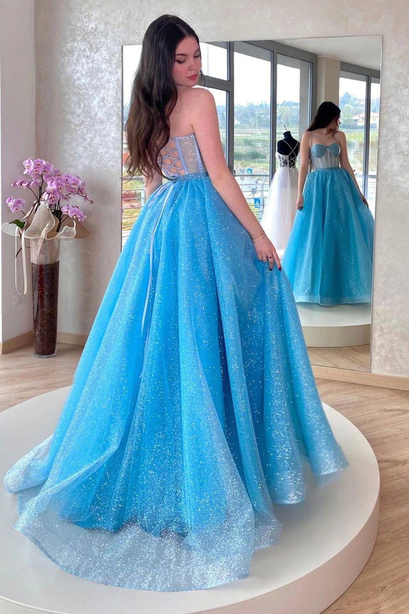 Roycebridal Roycebridal Mavis | Blue Tulle Long A-Line Prom Dress, Blue Lace-Up Evening Dress with Corset