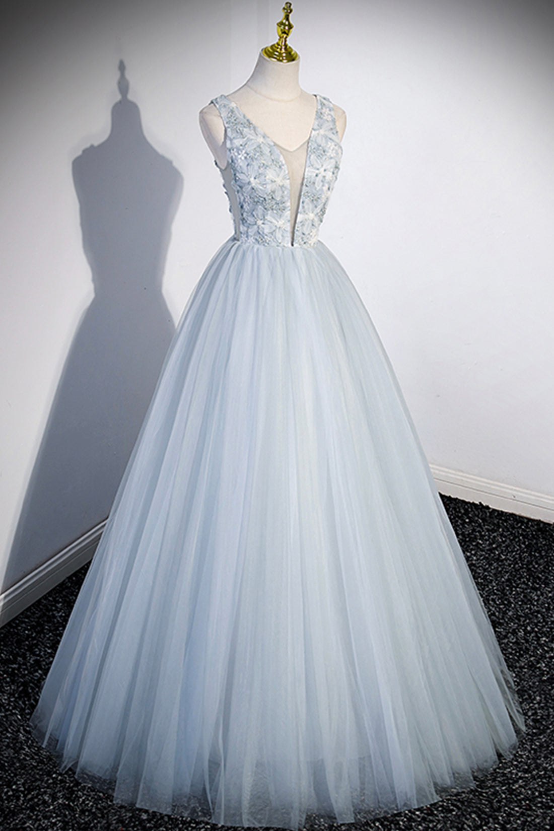 Roycebridal Roycebridal Angelica | Cute V-Neck Tulle Long Prom Dress, Gray Evening Dress Party Dress