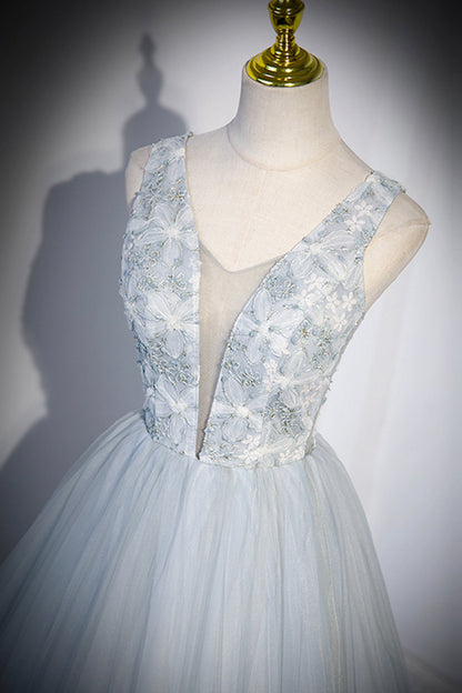 Roycebridal Roycebridal Angelica | Cute V-Neck Tulle Long Prom Dress, Gray Evening Dress Party Dress