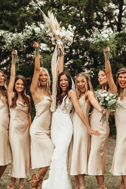 Simple Spaghetti Straps Silk Satin Bridesmaid Dresses Open Back