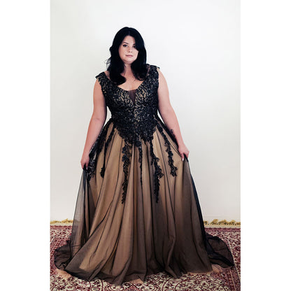 V Neck Off the Shoulder Open Back Lace Up Appliques Tulle A Line Gothic Black Wedding Dress