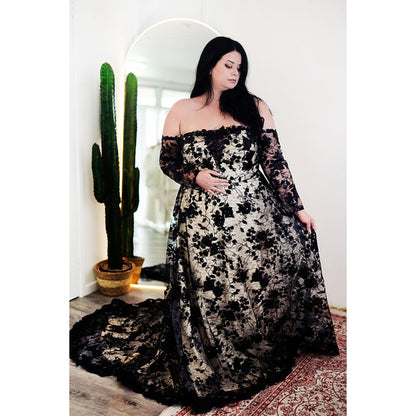 Sexy Strapless Off the Shoulder Long Sleeve Open Back Full Lace A Line Gothic Black Wedding Dress