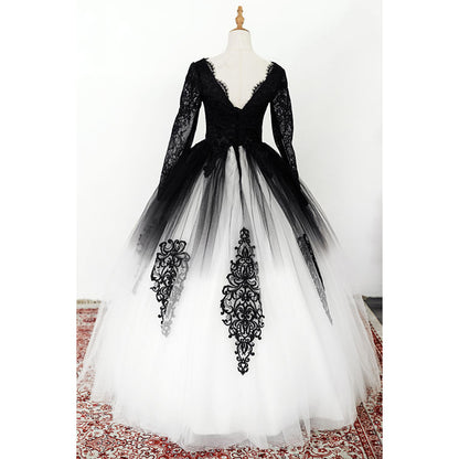 Elegant V Neck Long Lace Sleeve Tulle A Line Gothic Black Wedding Dress