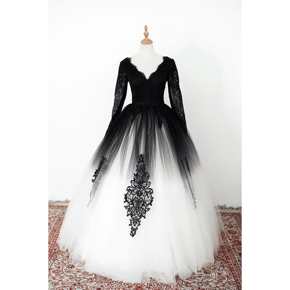 Elegant V Neck Long Lace Sleeve Tulle A Line Gothic Black Wedding Dress